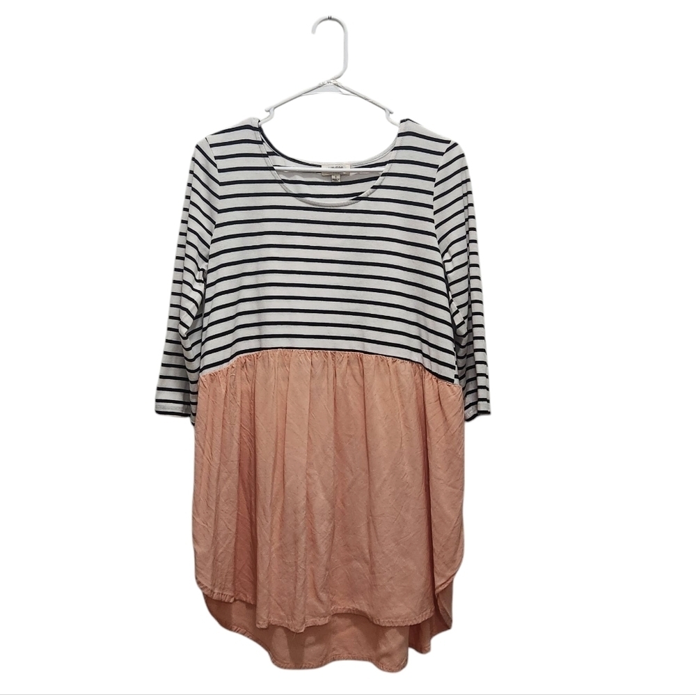 Umgee USA Babydoll Tunic Black White Stripe Peach Size S 3/4 Sleeve Lightweight